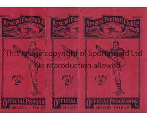 ARSENAL    Three home programmes in 1938/9 season v. Wolves, Sunderland and Preston. All are slightly creased.   Generally go