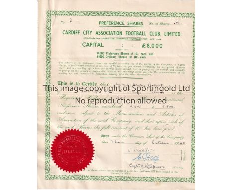 CARDIFF CITY     Share certificate for 100 shares 3/10/1940. Slightly creased.    Generally good