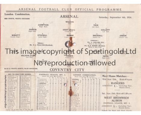 ARSENAL V COVENTRY CITY 1934   Programme for the Combination match at Arsenal 8/9/1934, slightly creased and 2 punched holes.