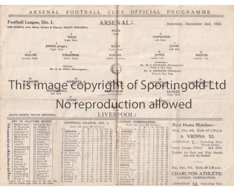 ARSENAL V LIVERPOOL 1933    Programme for the League match at Arsenal 2/12/1933, folded in four and scores entered.    Fair t