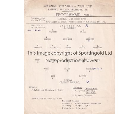 ARSENAL    Single sheet programme for the home Metropolitan League Cup Final 1st Leg v. St. Neots Town 10/4/1962, folded and 