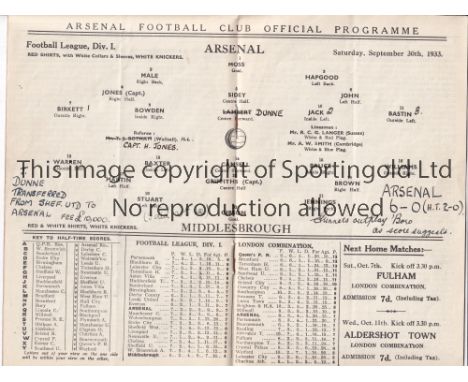 ARSENAL V MIDDLESBROUGH 1933    Programme for the League match at Arsenal 30/9/1933, slight vertical crease and writing on li