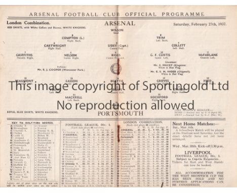 ARSENAL V PORTSMOUTH 1937     Programme for the Combination match at Arsenal 27/2/1937.    Good