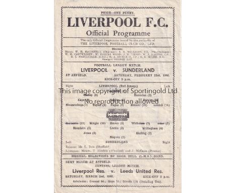 1945/46 LIVERPOOL v SUNDERLAND     (Football League North) single sheet official programme for the match played 23 February 1