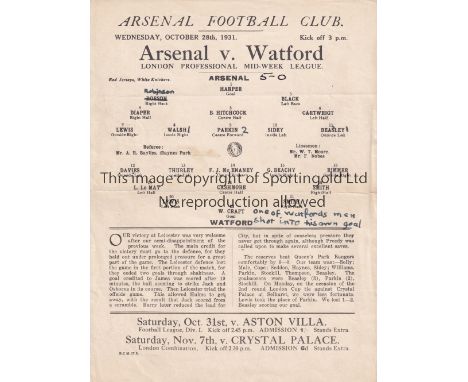 ARSENAL V WATFORD 1931      Single sheet programme for the London Professional Mid-Week League match at Arsenal 28/10/1931, s