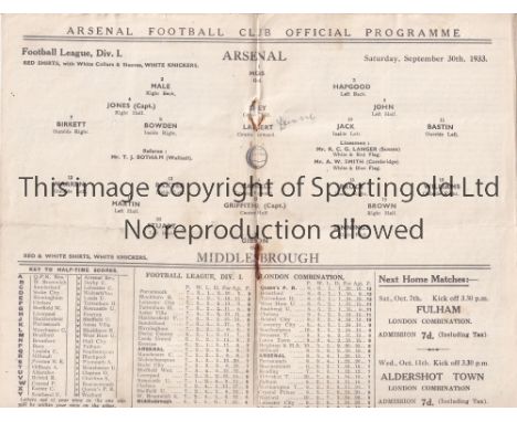 ARSENAL V MIDDLESBROUGH 1933  Programme for the League match at Arsenal 30/9/1933, slightly creased.    Generally good