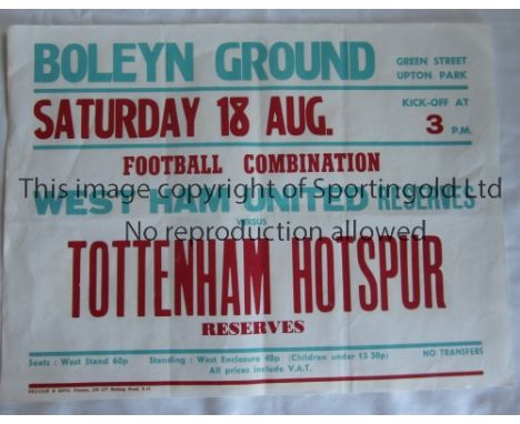 WEST HAM UNITED       A 20" X 15" official home match poster v. Tottenham Hotspur Reserves 18/8/1979.   Good