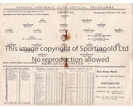 ARSENAL V NEWCASTLE UNITED 1936     Programme for the FA Cup tie at Arsenal 19/2/1936, horizontal fold and rusty staples. Ars