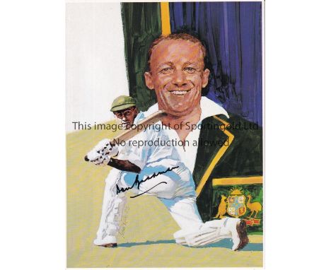 BRADMAN    Coloured print (11" x 8") signed by Australian cricketing great Sir Donald Bradman, the world's most prolific bats