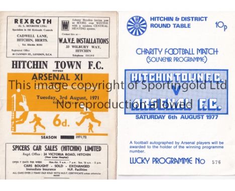 ARSENAL    Two programme for away Friendlies v Hitchin Town 3/8/1971 team changes and 6/8/1977.   Generally good