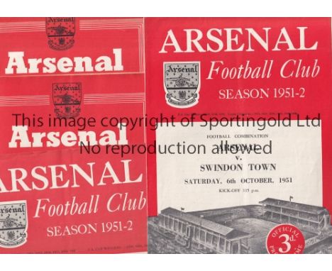 ARSENAL     Eight home Reserve Team programmes 51/2 Swindon, Norwich and Plymouth, 52/3 Birmingham, Reading, Tottenham Cup an