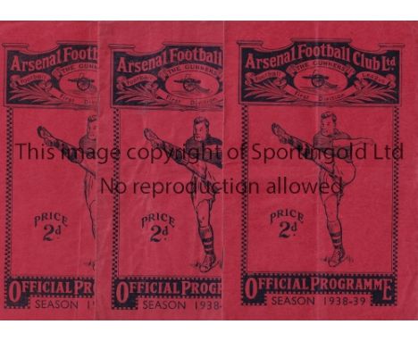 ARSENAL    Three home programmes in 1938/9 season v. Leicester, Derby and Charlton. All are slightly creased.   Generally goo