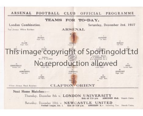 ARSENAL V CLAPTON ORIENT 1927     Programme for the Combination match at Arsenal 3/12/1927, rusty staples.    Generally good