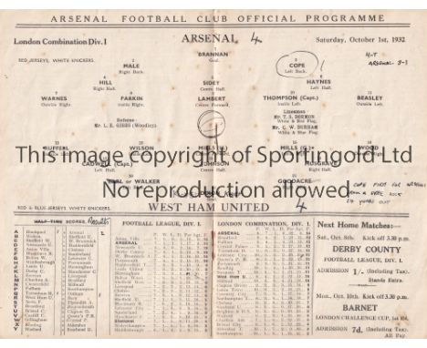 ARSENAL V WEST HAM UNITED 1932    Programme for the Combination match at Arsenal 1/10/1932, slightly creased and team changes