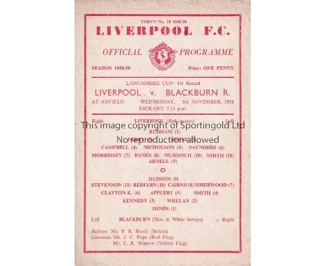 1958/59 LIVERPOOL v BLACKBURN    ( Lancashire Cup 1st Round)  single sheet official programme for the match played Wednesday 