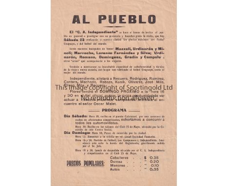 URUGUAY FOOTBALL 1928     A large advertising flyer issued by C.A. Independiente of Uruguay advertising that they will be pla