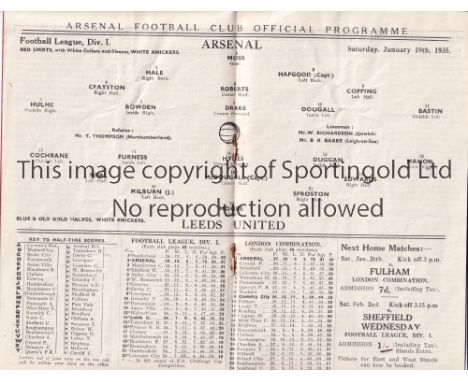 ARSENAL V LEEDS UNITED 1935     Programme for the League match at Arsenal 19/1/1935, slightly creased.    Generally good
