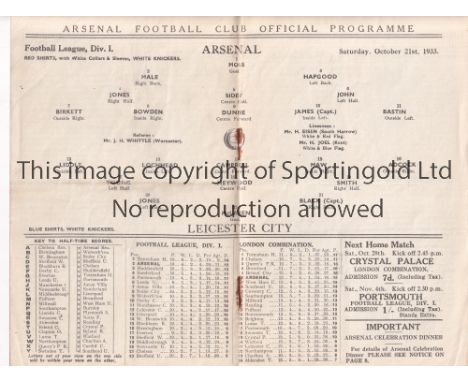 ARSENAL V LEICESTER CITY 1933    Programme for the League match at Arsenal 21/10/1933, slight horizontal crease.    Generally
