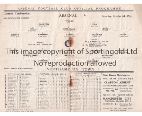 ARSENAL V NORTHAMPTON TOWN 1934   Programme for the Combination match at Arsenal 6/10/1934, slightly creased, score entered a