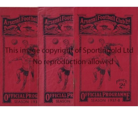 ARSENAL    Three home programmes in 1937/8 season v. Everton, Leicester and Derby. All are slightly creased and have rusty st