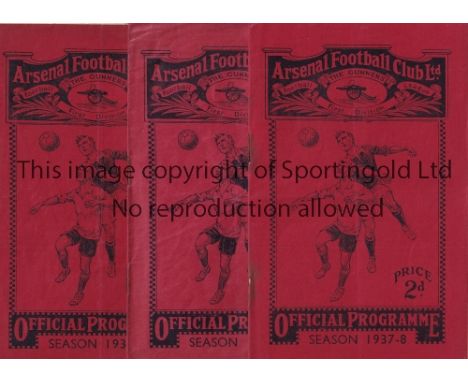 ARSENAL    Three home programmes in 1937/8 season v. Everton, Leicester and Derby. All are slightly creased and have rusty st