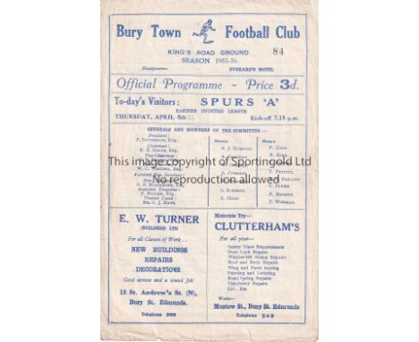 TOTTENHAM HOTSPUR      Programme for the away Eastern Counties League match v Bury Town 5/4/1956 slightly creased and slightl