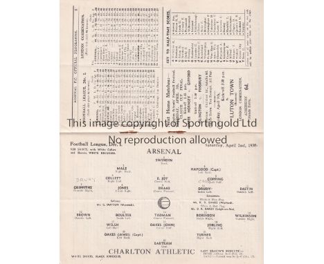 ARSENAL V CHARLTON ATHLETIC 1938   Programme for the League match at Arsenal 2/4/1938, slightly creased.    Generally good