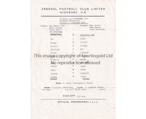 ARSENAL      Five single sheet home Reserve team programmes v. Leicester City 77/8, West Ham 77/8, Reading 79/80, Tottenham 8