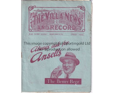 ASTON VILLA V ARSENAL 1933    Programme for the League match at Villa 28/10/1932, slightly worn and team changes.   Fair to g