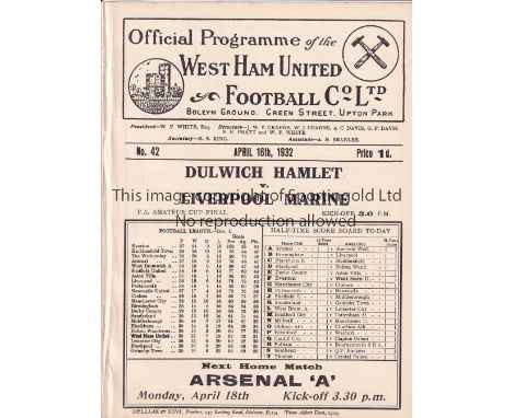 1932 AMATEUR CUP FINAL AT WEST HAM UNITED      Programme for the F.A. Amateur Cup Final played at West Ham United, Dulwich Ha