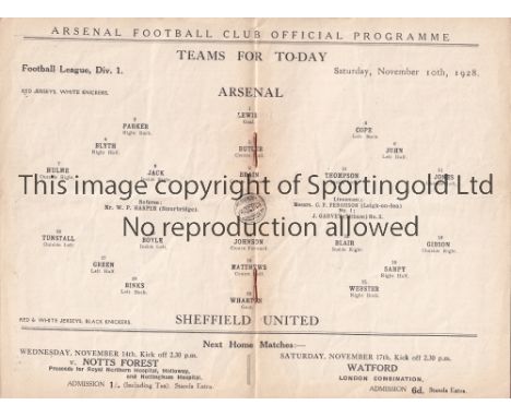 ARSENAL V SHEFFIELD UNITED 1928   Programme for the League match at Arsenal 10/11/1928.    Generally good