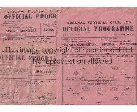 ARSENAL      Three Wartime Arsenal home programmes v Reading (Cup) 1943/44 ( Score, scorers, team changes , folds), West Ham 
