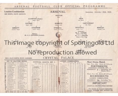 ARSENAL V CRYSTAL PALACE 1933    Programme for the Combination match at Arsenal 28/10/1933, slightly creased and very slightl
