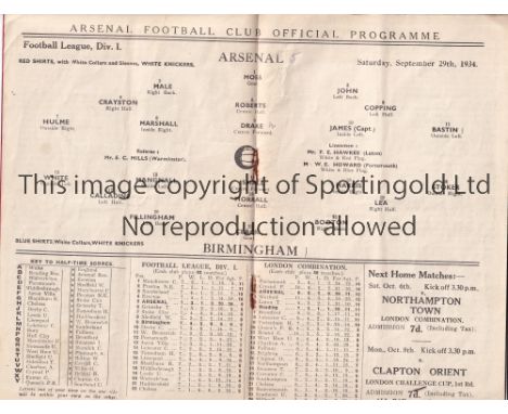 ARSENAL V BIRMINGHAM 1934     Programme for the League match at Arsenal 29/9/1934, vertical fold.    Fair to generally good