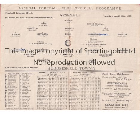 ARSENAL V HUDDERSFIELD TOWN 1935   Programme for the League match at Arsenal 20/4/1935, team changes and staples removed.    