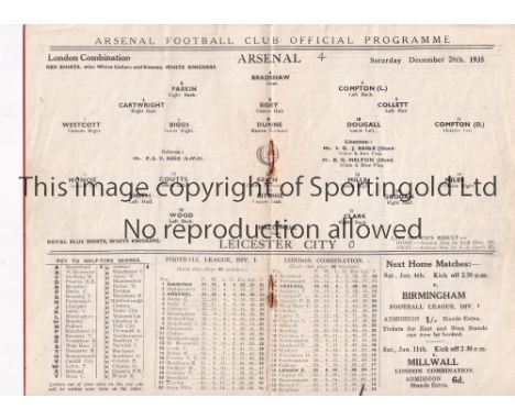 ARSENAL V LEICESTER CITY 1935     Programme for the Combination match at Arsenal 28/12/1935, scores entered.    Generally goo