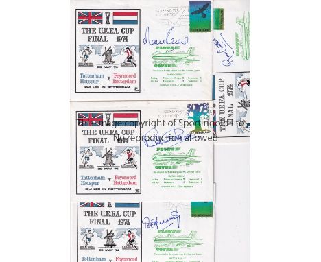 TOTTENHAM 1974       UEFA Cup Final First Day Covers issued by Dawn Covers qty 4, individually signed by Martin Peters, Ralph