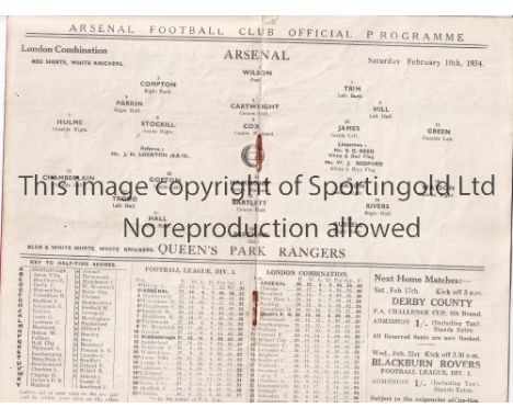 ARSENAL V QUEEN'S PARK RANGERS 1934   Programme for the Combination match at Arsenal 10/2/1934, slightly creased.   Generally