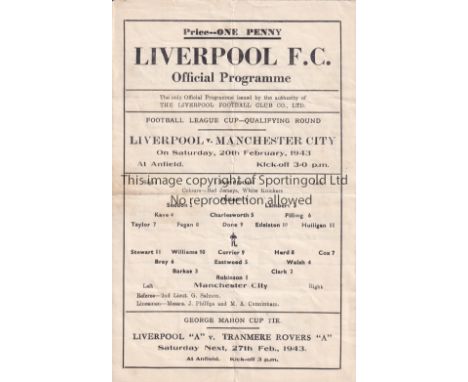 1942/43 LIVERPOOL v MANCHESTER CITY       (Football League Cup - Qualifying Round) single sheet official programme for the ma