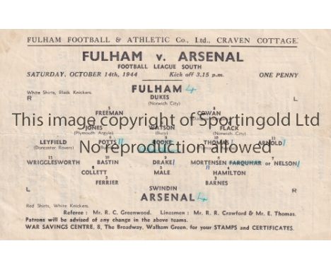 FULHAM V ARSENAL 1944     Single sheet programme for the FL South match at Fulham 14/10/1944. Stan Mortensen of Blackpool and
