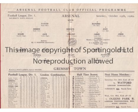 ARSENAL V GRIMSBY TOWN 1929    Programme for the League match at Arsenal 19/10/1929, staples removed.    Generally good