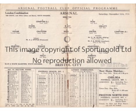 ARSENAL V BRISTOL CITY 1936     Programme for the Combination match at Arsenal 12/12/1936, slightly creased and scores entere