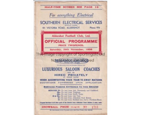 ALDERSHOT      Home programme v Millwall FA Cup 1st Round 28/11/1936. Score noted. Generally good