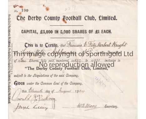 DERBY     A Derby County home share certificate dated 11/8/1924 and cancelled in 1977. Some foxing. Fair to generally good   