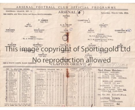 ARSENAL V CLAPTON ORIENT 1936     Programme for the Combination match at Arsenal 16/3/1936, slightly creased, rusty staples a