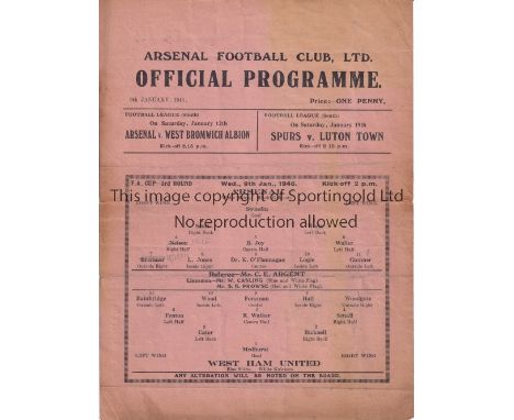 ARSENAL V WEST HAM UNITED 1946     Single sheet programme for the FA Cup tie at Arsenal 9/1/1946. First Arsenal home tie afte