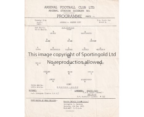 ARSENAL    Single sheet programme for the home FA Youth Cup Cup match v. Exeter City 30/4/1963, folded in four.    Generally 