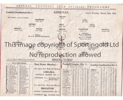 ARSENAL V BRENTFORD 1932   Programme for the Combination match at Arsenal 28/3/1932, slightly creased.   Generally good