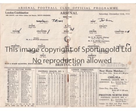 ARSENAL V BRISTOL CITY 1936   Programme for the Combination match at Arsenal 12/12/1936, team changes.   Generally good