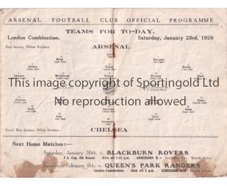 ARSENAL V CHELSEA 1926    Programme for the Combination match at Arsenal 23/1/1926, slightly creased and slightly marked thro